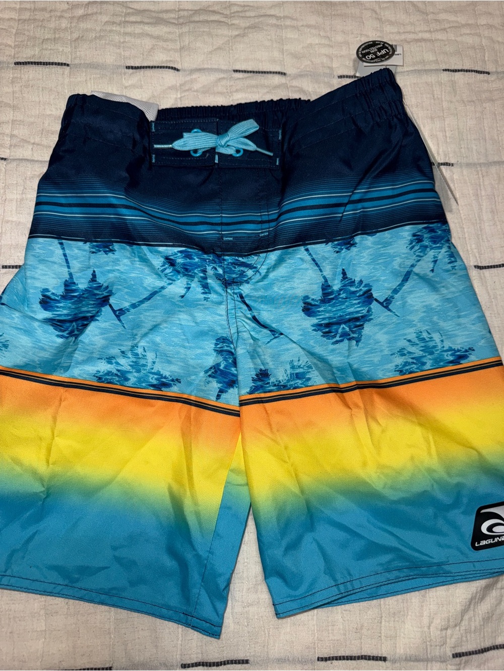 Kids' Blue Gradient Palm-Print Swim Trunks